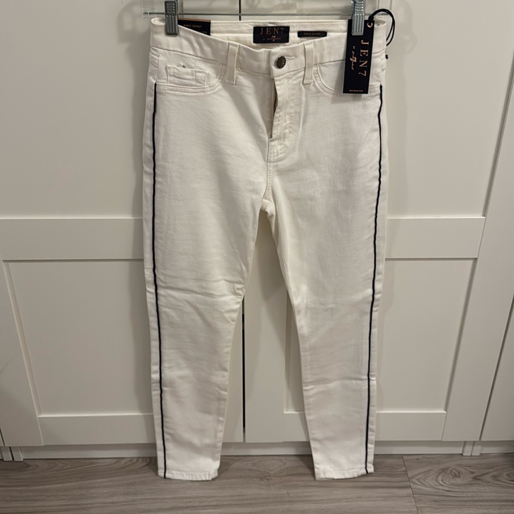 Jen7 7 For All Mankind White Ankle Skinny Jean Black Tux Stripe Sz 2